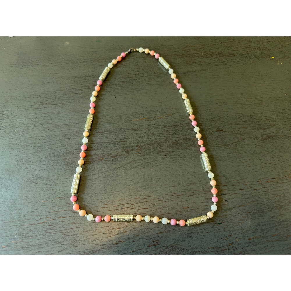 Boho Pink Peach White Beaded Necklace Silver Tone Floral Barrel Spacers 17 Inch